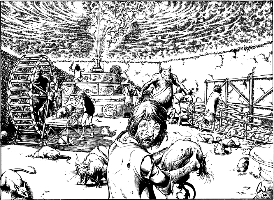 A rat butchery run by giant rat-men to chop up and vaporize infected rats